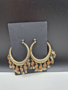 Vintage-Style Gold Hoop Earrings with Orange Accent Dangles